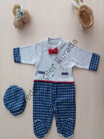 0-3 3-6 Ay Cep Saatli Kasketli Papyonlu Erkek Bebek Tulum
