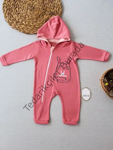 6-9 9-12 Ay Ef Çizgi Boy Fermuarlı Tavşan Nakışlı Kapşonlu Kız Erkek Bebek Tulumu