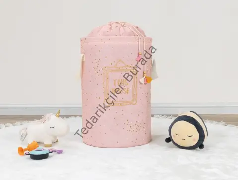 Baby Kullanımı Kolay Desenli Taşınabilir Torbalı Yuvarlak Sepet(pembe) Çamaşır Sepeti 04270