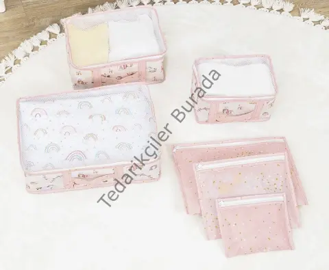 Baby 6`lı Desenli Fileli Bavul Valiz İçi Düzenleyici Çok Amaçlı Organizer (pembe)