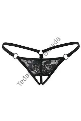 Siyah Dantelli Özel Bölgesi Açık G-string Tm1167