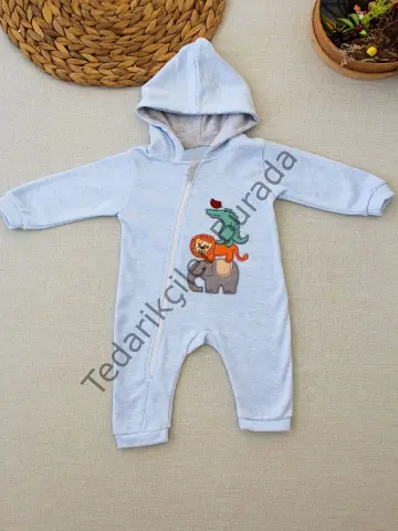 6-9 9-12 Ay Ef Çizgi Boy Fermuarlı Hayvanlar Alemi Nakışlı Kapşonlu Kız Erkek Bebek Tulumu