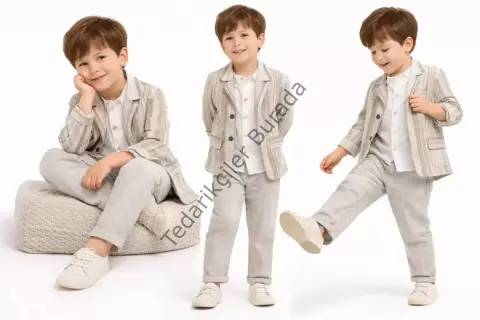 1-5 Yaş Müslin Gömlekli Keten 3 Parça Çocuk Takımı