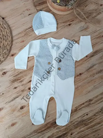 0-3 3-6 6-9 Ay Şapkalı Yelek Detaylı Boydan Çıtçıt Erkek Bebek Tulumu