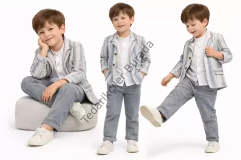 1-5 Yaş Müslin Gömlekli Keten 3 Parça Çocuk Takımı
