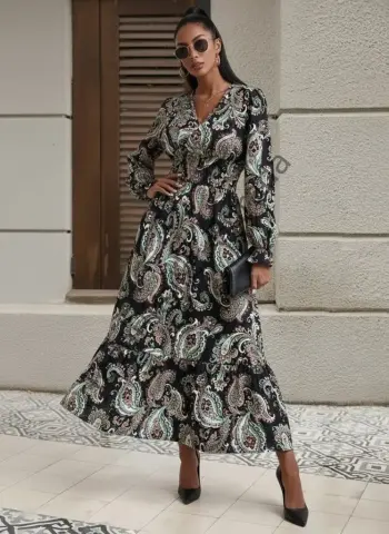 Kadın Uzun Kollu Kruvaze Yaka Beli Lastikli Uzun Desenli Maxi Elbise