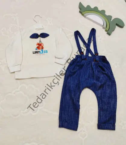 9-12-18 Ay Papyonlu Sweat Kot Pantolon 2li Erkek Bebek Salopet Takımı