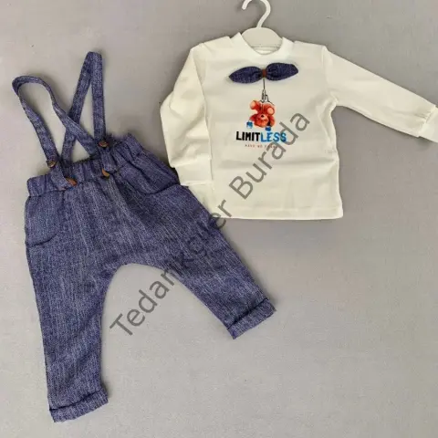 9-12-18 Ay Papyonlu Sweat Kot Pantolon 2li Erkek Bebek Salopet Takımı