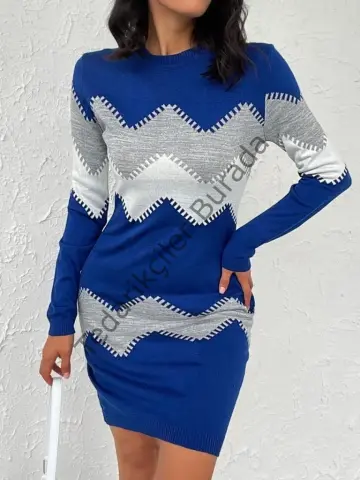 Kadın Uzun Kollu Zigzag Desen Triko Elbise