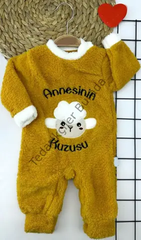 3-6-9-12 Ay Kuzu Tüylü Kumaş Annesinin Kuzusu Nakışlı Alttan Çıtçıtlı Kız Erkek Bebek Tulumu