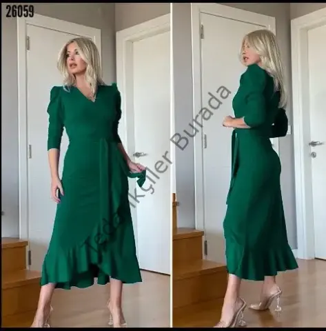 Kadın Yeşil Krep Kumaş Midi Boy Kuşaklı Uzunkol Elbise