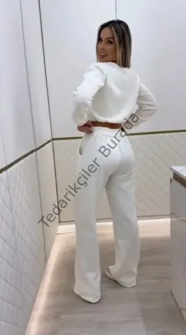 Kadın Uzun Kollu Bisiklet Yaka Desenli Iki Iplik şardonlu Bluz Ve Pantolon Ikili Takım