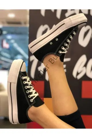 KN103 - Siyah Keten 5 cm Boy Uzatan Sneaker Kalın Taban Kısa Sıyah 5CM