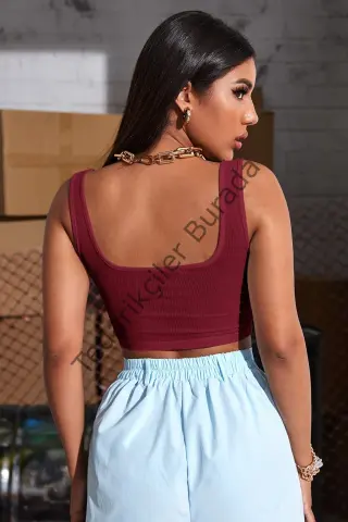 Kadın Bordo Kalın Askılı Crop Top Büstiyer