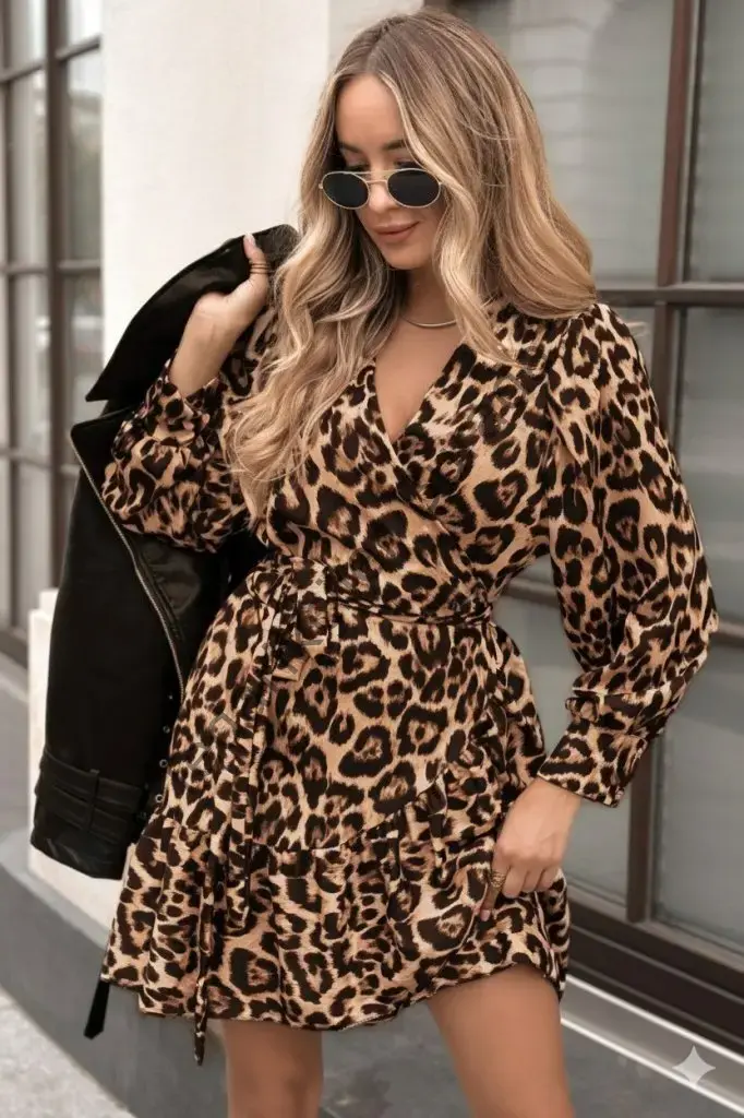 Kadın Uzun Kollu Kruvaze Yakalı Fırfırlı Belden Kuşaklı Leopar Desen Modal Elbise