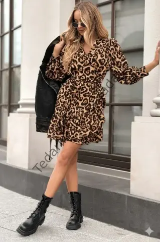 Kadın Uzun Kollu Kruvaze Yakalı Fırfırlı Belden Kuşaklı Leopar Desen Modal Elbise