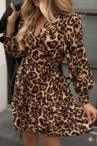 Kadın Uzun Kollu Kruvaze Yakalı Fırfırlı Belden Kuşaklı Leopar Desen Modal Elbise