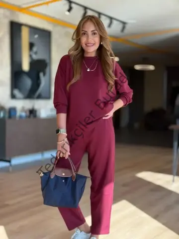 Kadın Uzun Kollu Bisiklet Yaka Viskon Iki Iplik Bluz Ve Pantolon Ikili Takım