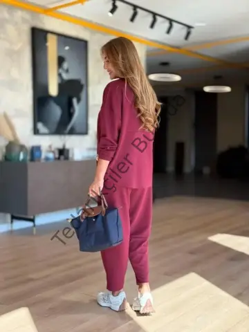 Kadın Uzun Kollu Bisiklet Yaka Viskon Iki Iplik Bluz Ve Pantolon Ikili Takım