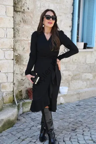 Krep Kumaş Midi Boy Kuşaklı Uzunkol Elbise 113 Cm
