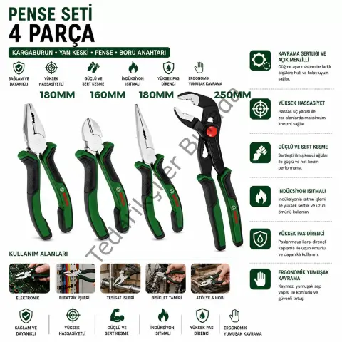4 Parça Pense Seti - 10 inç Papağan, 7 inç Pense, 6 inç Yan Keski, 7 inç Kargaburnu