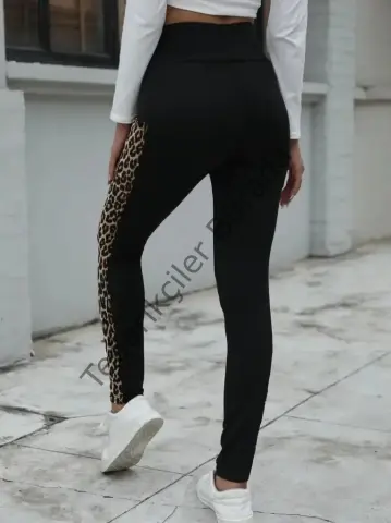 Kadın Yüksek Bel Cep Detaylı Leopar Desenli Dalgıç Tayt