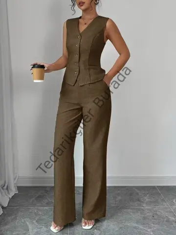 Kadın Askılı önden Düğmeli Bluz Ve Pantolon Keten Ikili Takım