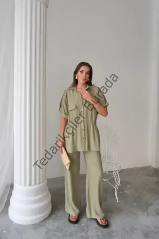 KETEN BELDEN BÜZGÜ DETAYLI GÖMLEK - PANTOLON TAKIM - Yeşil