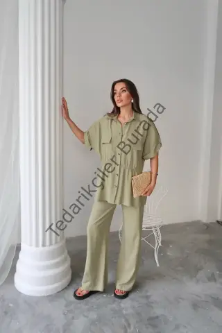 KETEN BELDEN BÜZGÜ DETAYLI GÖMLEK - PANTOLON TAKIM - Yeşil