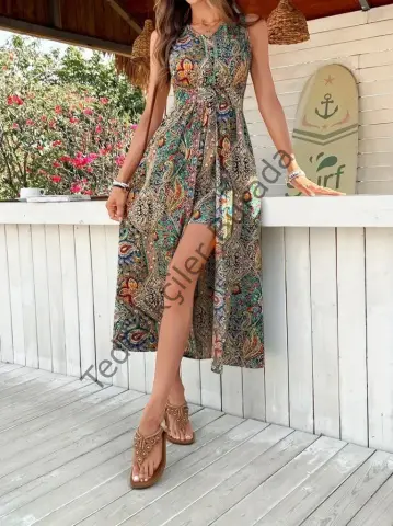 Kadın Kolsuz V Yakalı Desenli Süprem Tulum Elbise