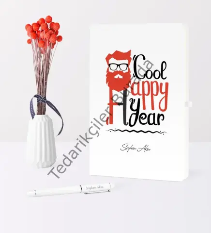 Kişiye Özel Yılbaşı Noel Baba Temalı Beyaz Defter Kalem Seti - 3
