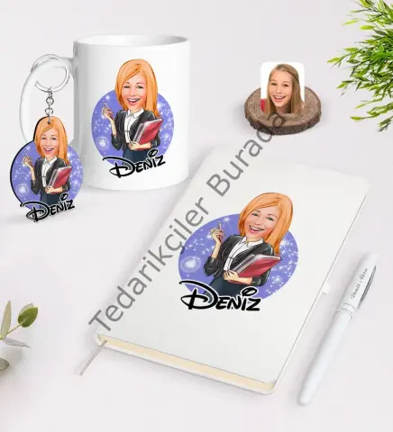 Kişiye Özel Kadın Yönetici Karikatürlü Beyaz Defter Kalem Kupa ve Anahtarlık Hediye Seti-1