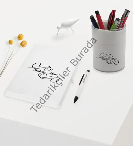 BK Gift Kişiye Özel İsimli Beyaz Defter Kalem ve Kalemlik Hediye Seti - Model 3