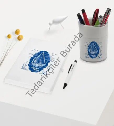 BK Gift Kişiye Özel Gemi Tasarımlı Beyaz Defter Kalem ve Kalemlik Hediye Seti - Model 2