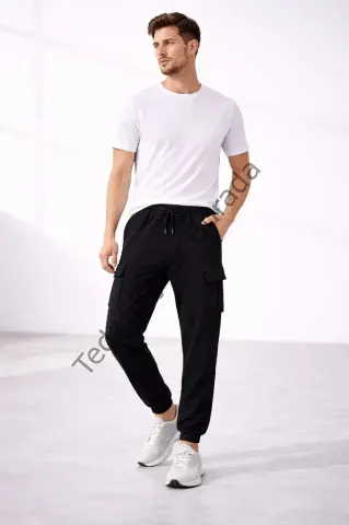 Erkek Jogger Eşofman Altı Regular Fit , Kargo Cepli, Lastikli Paça, Günlük Spor Pantolon - Siyah