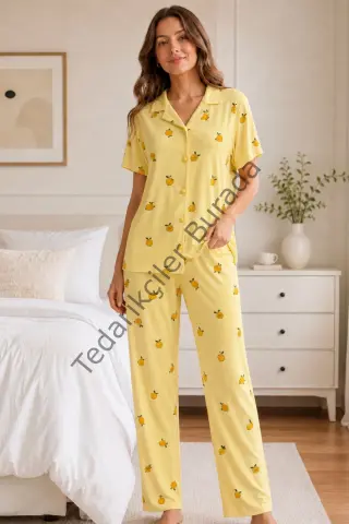 Sarı Limon Desenli Kısa Kollu Gömlek Yaka Milan Kumaş Kadın Pijama Takımı