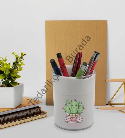 BK Gift Kişiye Özel Kaktüs Tasarımlı Beyaz Defter Kalem ve Kalemlik Hediye Seti - Model 2