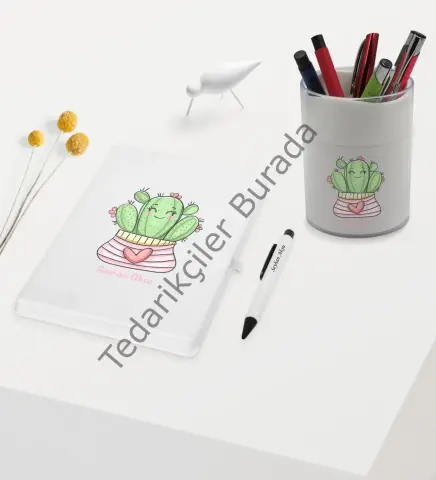 BK Gift Kişiye Özel Kaktüs Tasarımlı Beyaz Defter Kalem ve Kalemlik Hediye Seti - Model 2