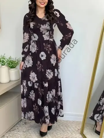 Kadın Uzun Kollu V Yakalı çiçek Desenli Maxi Süprem Elbise