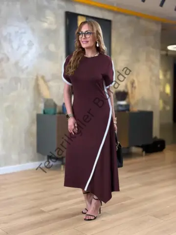 Kadın Kısa Kollu Bisiklet Yaka çift şerit Renk Detaylı Asimetrik Kesim Viskon Iki Iplik Elbise