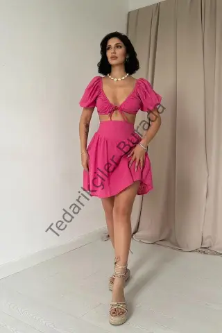 Fuşya Brode Crop Ve Mini Etek Takım