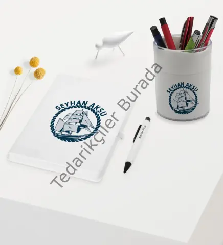 BK Gift Kişiye Özel Gemi Tasarımlı Beyaz Defter Kalem ve Kalemlik Hediye Seti - Model 1