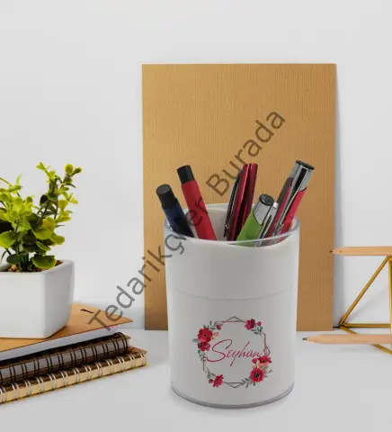 BK Gift Kişiye Özel Çiçek Tasarımlı Beyaz Defter Kalem ve Kalemlik Hediye Seti - Model 27