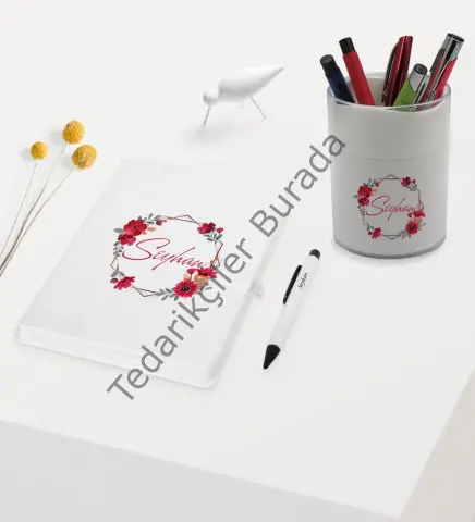 BK Gift Kişiye Özel Çiçek Tasarımlı Beyaz Defter Kalem ve Kalemlik Hediye Seti - Model 27