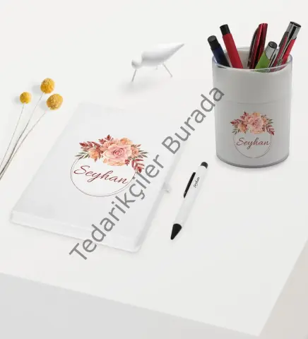 BK Gift Kişiye Özel Çiçek Tasarımlı Beyaz Defter Kalem ve Kalemlik Hediye Seti - Model 26
