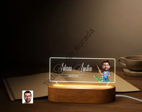 BK Gift Kişiye Özel İsimli Diş Hekimi Karikatürlü Led Işıklı Akrilik Masa İsimliği-4, Ofis Dekoru, Mesleki Hediye, Ofis Hediyeleri