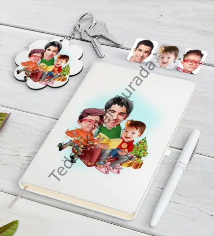 Kişiye Özel Yeni Yıl Aile Karikatürlü Beyaz Defter Kalem ve Anahtarlık Hediye Seti-1