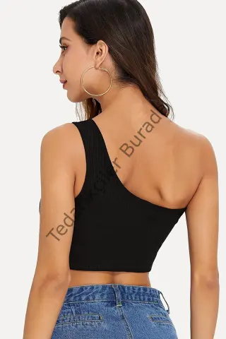 Kadın Siyah Tek Omuz Crop Büstiyer