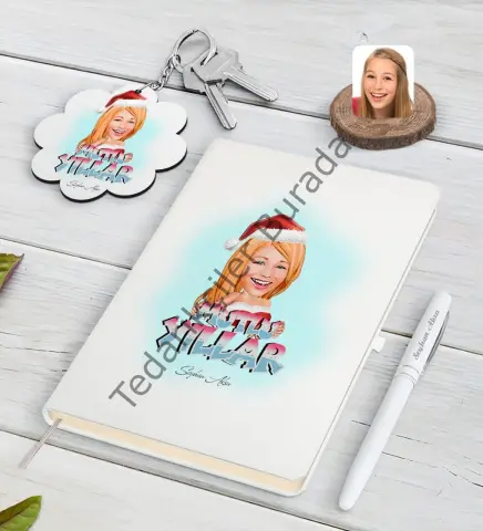 Kişiye Özel Kadın Yeni Yıl Karikatürlü Beyaz Defter Kalem ve Anahtarlık Hediye Seti-3