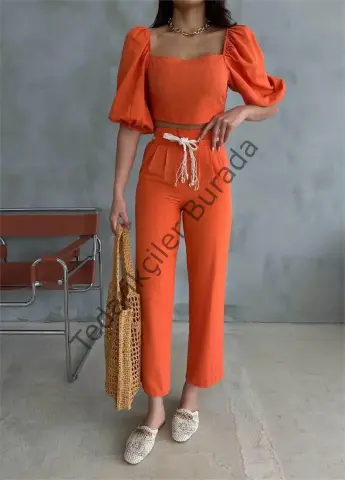 KETEN CROP KARPUZ KOL BLUZ-PANTOLON HASIR KEMERLİ - Orange